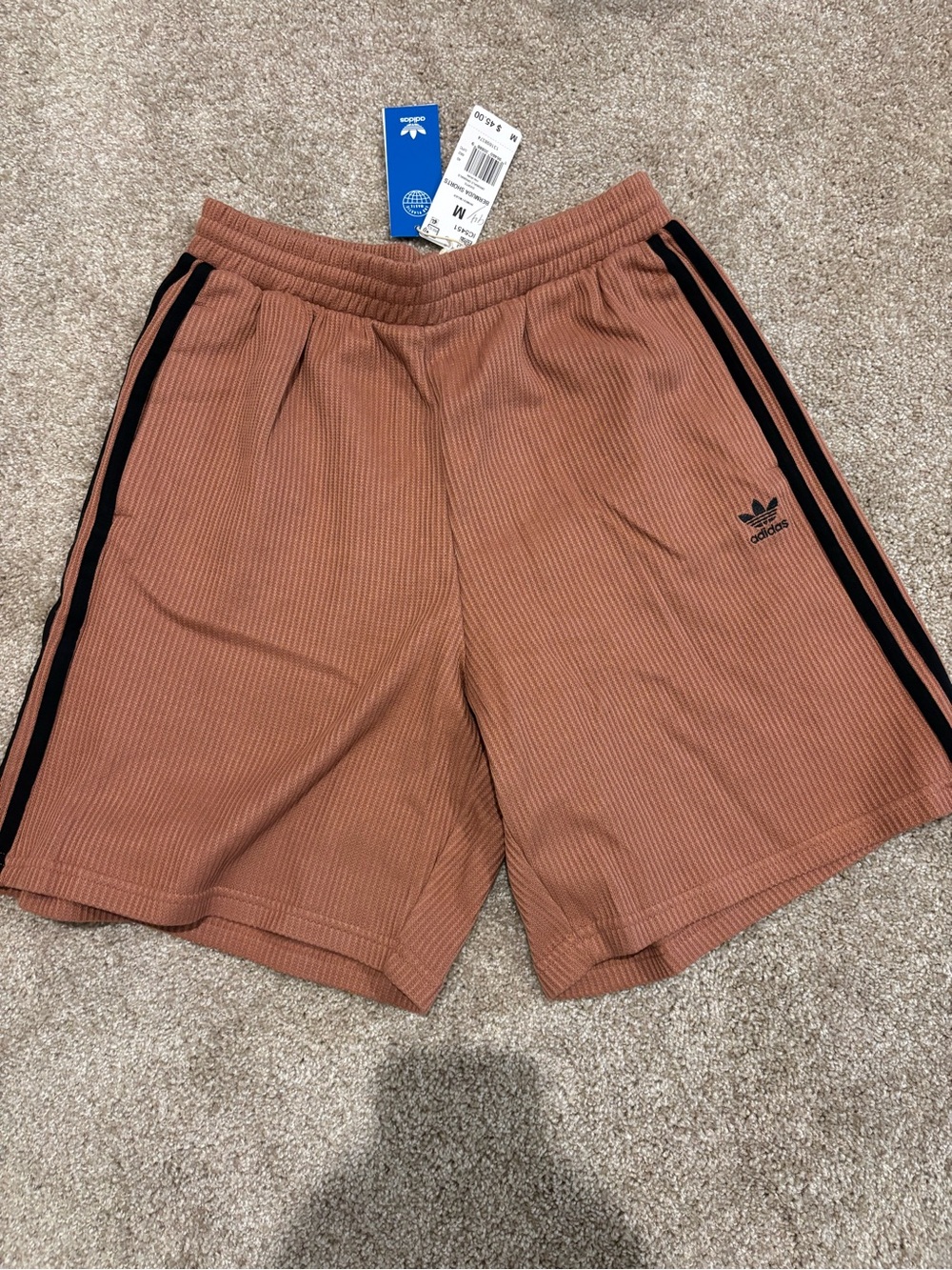 adidas Men’s Ribbed Rust Shorts with Black Three-Stripes